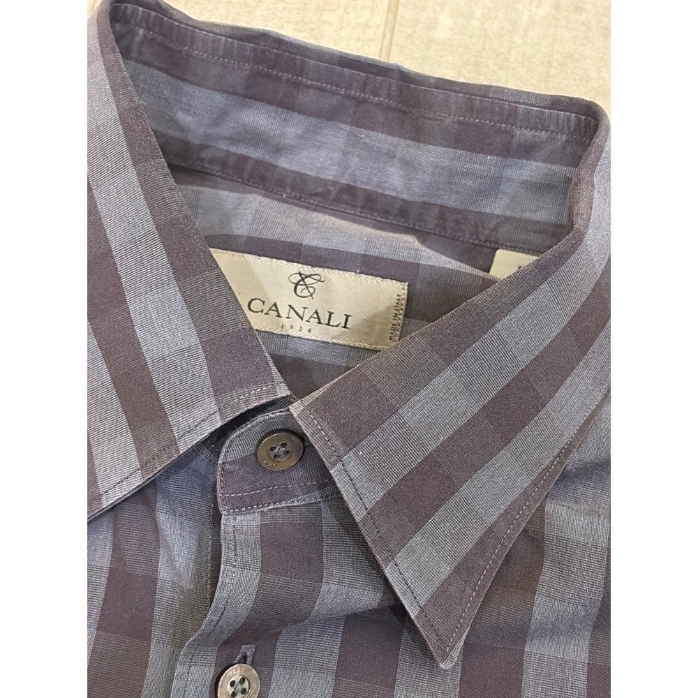 Canali 1934 Mens Large Gray Blue Check Long Sleeve Button Down Shirt Italy